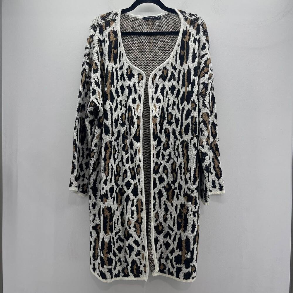 Doe & Rae Animal Print Cardigan Sweater Womens 1X Cream Black Long Length‎